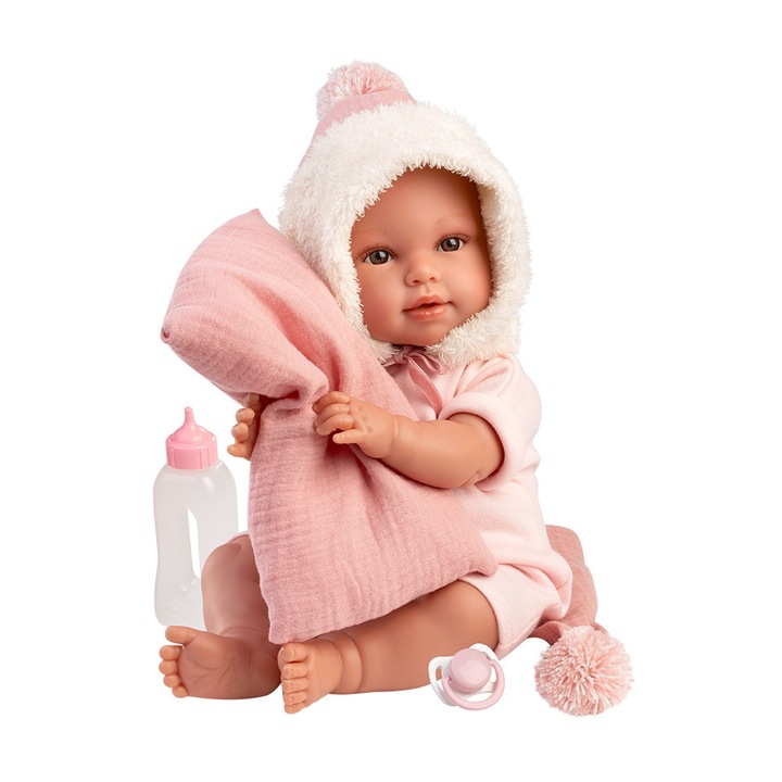 Papusa Llorens, Olivia cu perinita si paturica roz, cu sunete, 38 cm