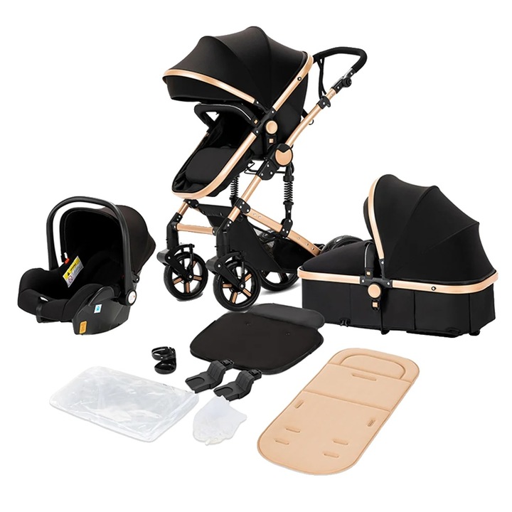 Marsupiu bebe, 588-BLACKGOLD, design multifunctional, material bumbac, capacitate 20kg, pliabil, negru-auriu