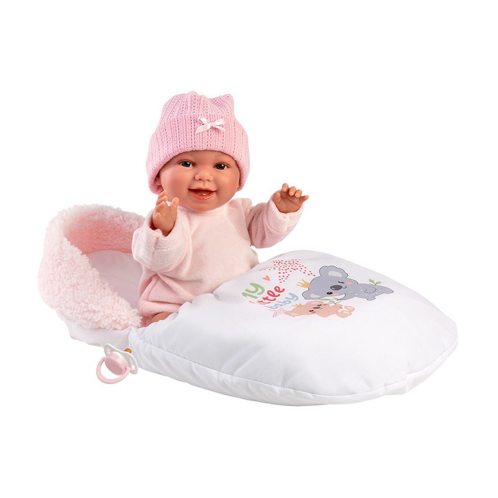 Papusa Llorens, Chloe cu saculet de dormit roz, cu sunete, 38 cm