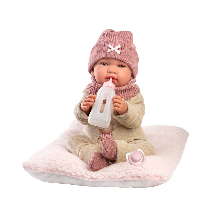 Llorens baba, Tina pihe-puha párnával és rózsaszín cumisüveggel, hangokkal, 44 cm