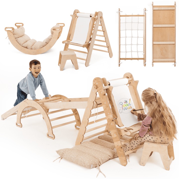 Structura de catarare de interior extra mare 6-in-1 pentru copii mici – scara triunghiulara, arc, rampa de catarare, plasa si perna, accesorii decorative, structura de catarare Montessori, loc de joaca din lemn pentru copii cu varste intre 1 si 5 ani
