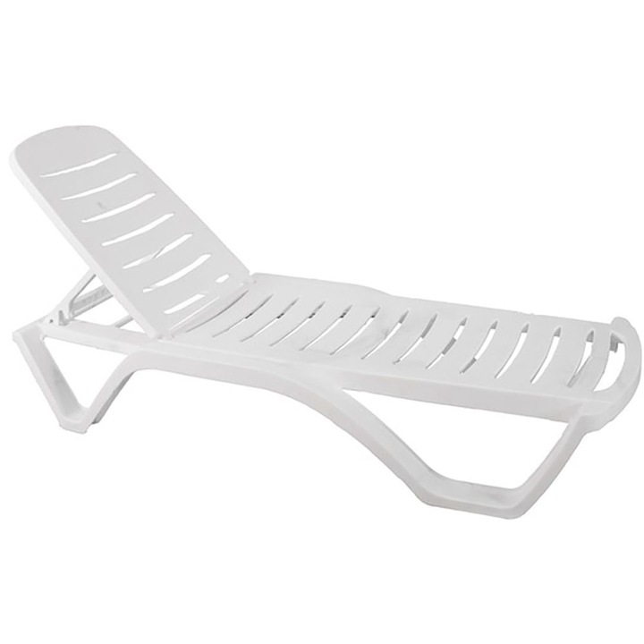 Sezlong pentru plaja DacEnergy©, structura din plastic, spatar reglabil, rezistent UV, stivuibil, 200 x 72 x 30 cm, alb