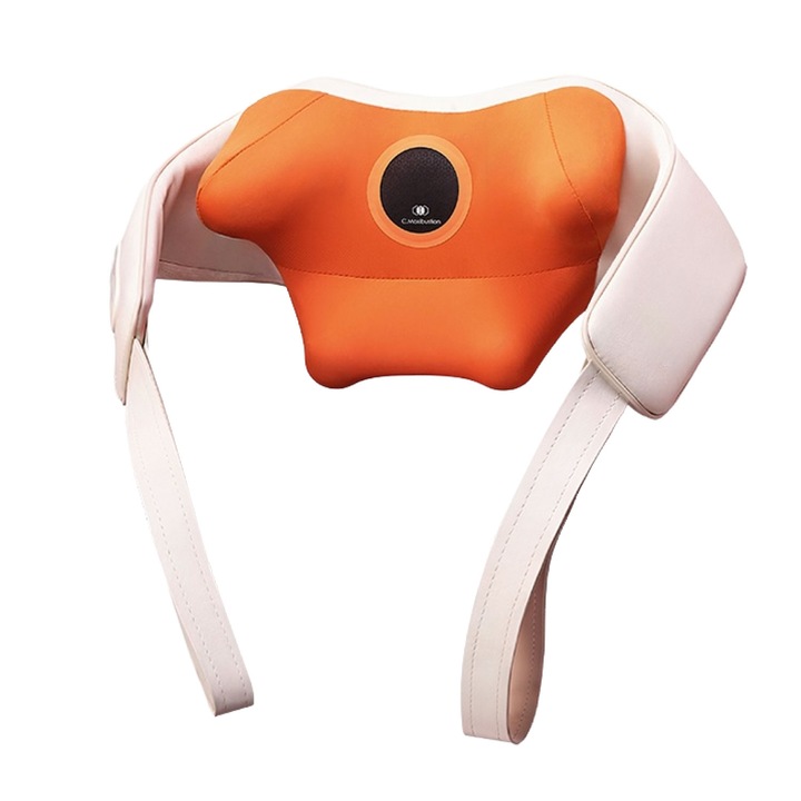 Aparat de masaj, pentru gat si umeri, Breo N6 Mini, tehnologie 5D, incalzire infrarosu, temperatura de 40-45, Indicator LED, 3 moduri inteligente, relaxare musculara profunda, portabil, hands-free, 2500 mAh, autonomie 90 min, USB-C, Crem/Portocaliu