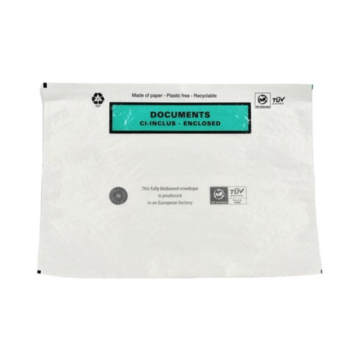 Set 1000 Plic cartonat ecologic NEOPAK pentru atasarea documentelor, C5, 235x175 mm, Transparent, autoadeziv, cu text Documents Enclosed