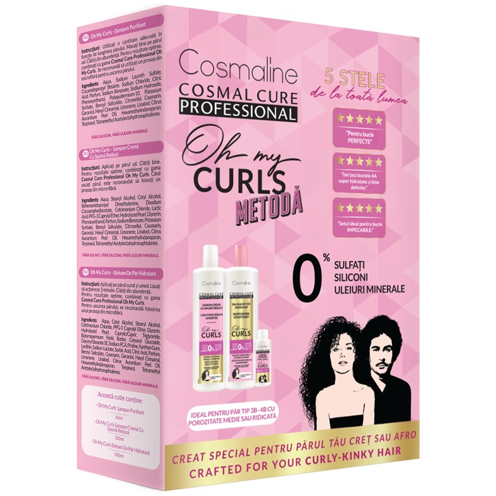 Set ingrijire par cret Cosmaline Oh My Curls Method, sampon 500 ml, balsam 500 ml, Final Wash 60 ml, fara sulfati, tip 3B/4B