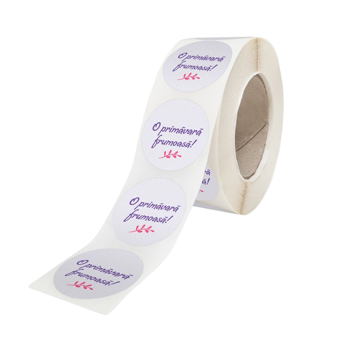 Rola 100 Stickere/Etichete autoadezive Model Floral Purple Bloom 2B, Diametru 5cm