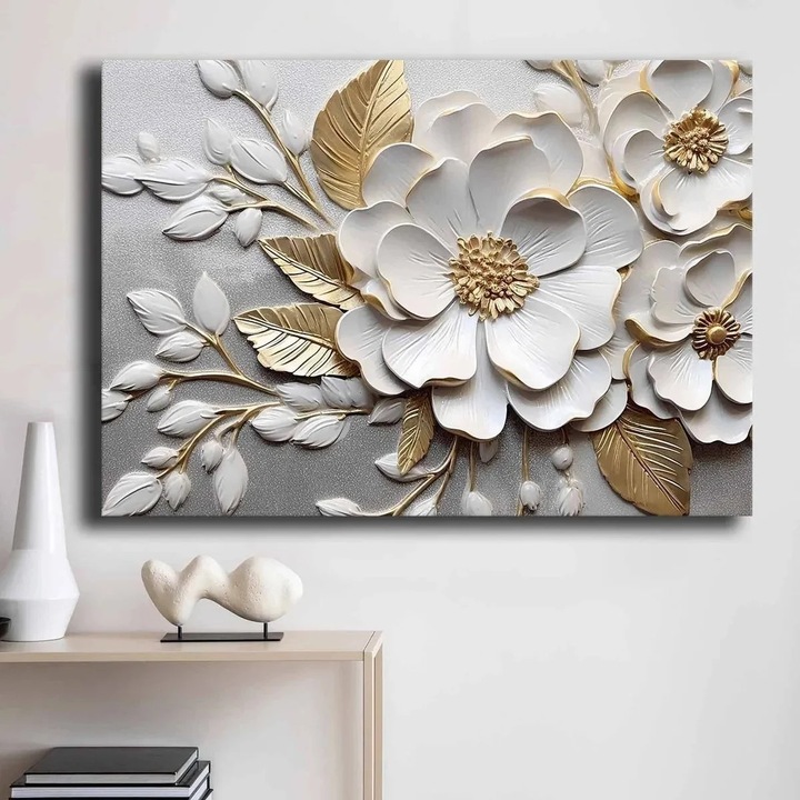 Tablou decorativ Re-Bloom, model floral, panza/lemn, alb/gri/auriu, 70 x 100 cm