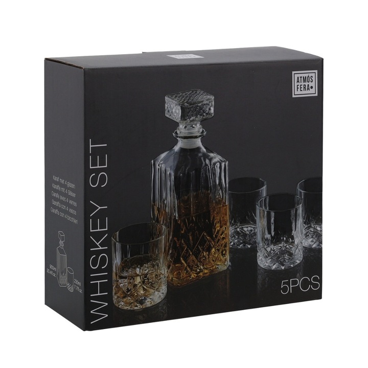 Set whisky 5 piese din sticla, decantor 900 ml + 4 pahare 230 ml, Atmosfera