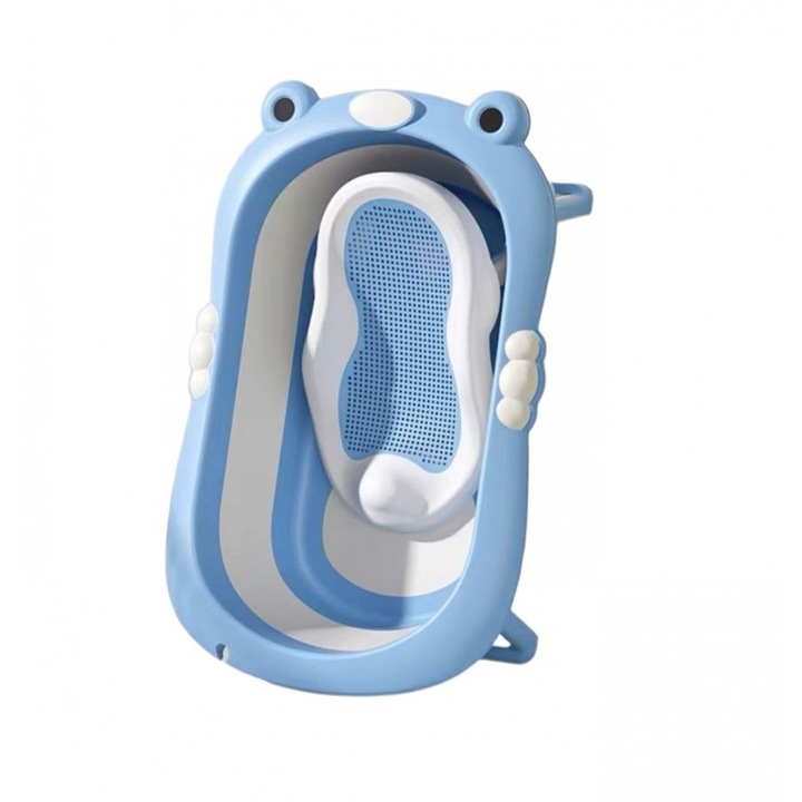 Set Cadita pliabila pentru bebelusi Little Mom blue, cu termometru digital, dop de scurgere, dimensiune 80 x 52 x 23 cm si Suport anatomic inclus