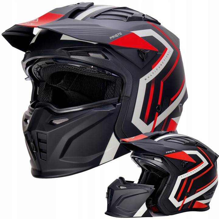 Casca moto HORN MultiX XXL 63cm, negru/rosu, viziera solara, protectie de barbie detasabila, pregatita pentru intercom