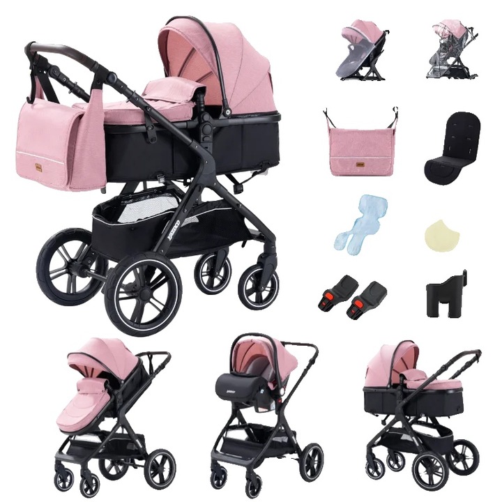 Carucior 3 in 1, roz, design inalt, accesorii complete