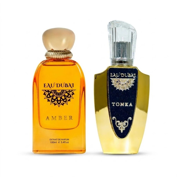 Pachet 2 Extracte de Parfum Premium Eau Dubai Amber + Eau Dubai Tonka, 100 ml x 2, Oriental-Fás + Virágos-Orientális-Fűszeres, Férfi + Unisex