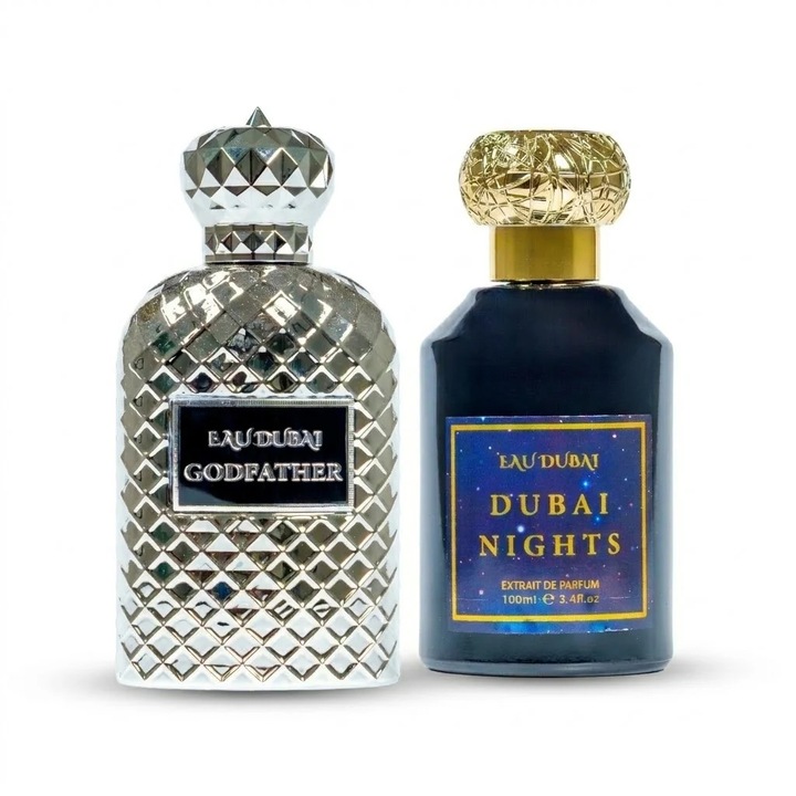 Csomag 2 prémium parfümkivonat, Eau Dubai Godfather + Eau Dubai Nights, 100 ml x 2, Unisex + Női, Aromás-Keleti-Fás + Virágos-Keleti