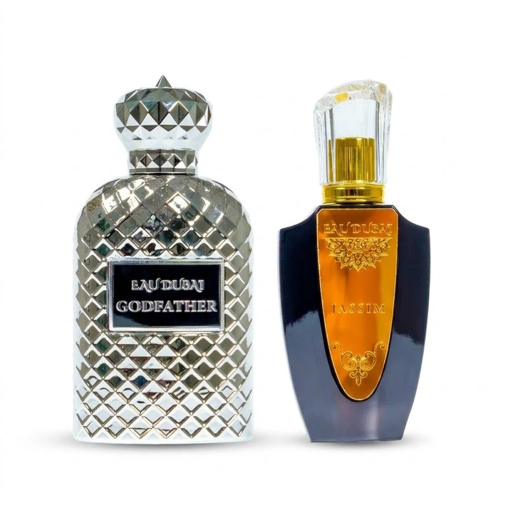 2 parfüm kivonat csomag, Eau Dubai Godfather + Eau Dubai Jassim, 100 ml x 2, Unisex, Aromás-Orientális-Fás + Aromás-Vízi-Fás