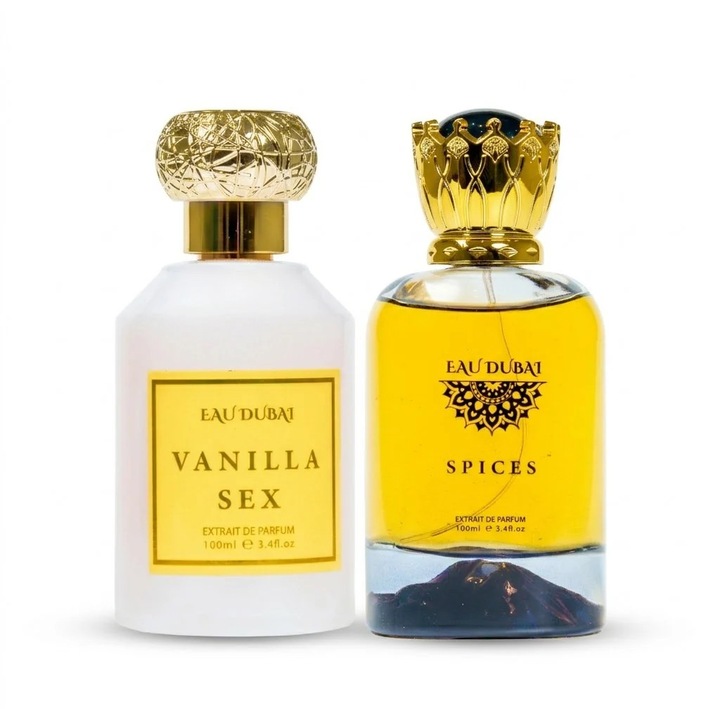 Pachet 2 Extracte de Parfum Premium Eau Dubai Vanilla Sex + Eau Dubai Spices, 100 ml x 2, Unisex, Oriental-Lemnos-Gurmand + Oriental-Condimentat