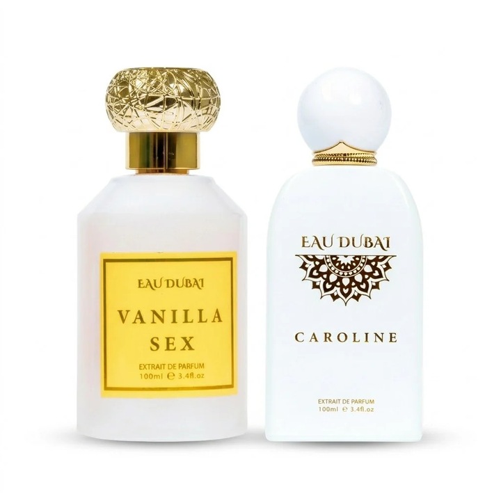 Pachet 2 Extracte de Parfum Premium Eau Dubai, Vanilla Sex + Caroline, Unisex + Feminin, 100 ml x 2, Oriental-Lemnos-Gurmand + Gurmand-Oriental