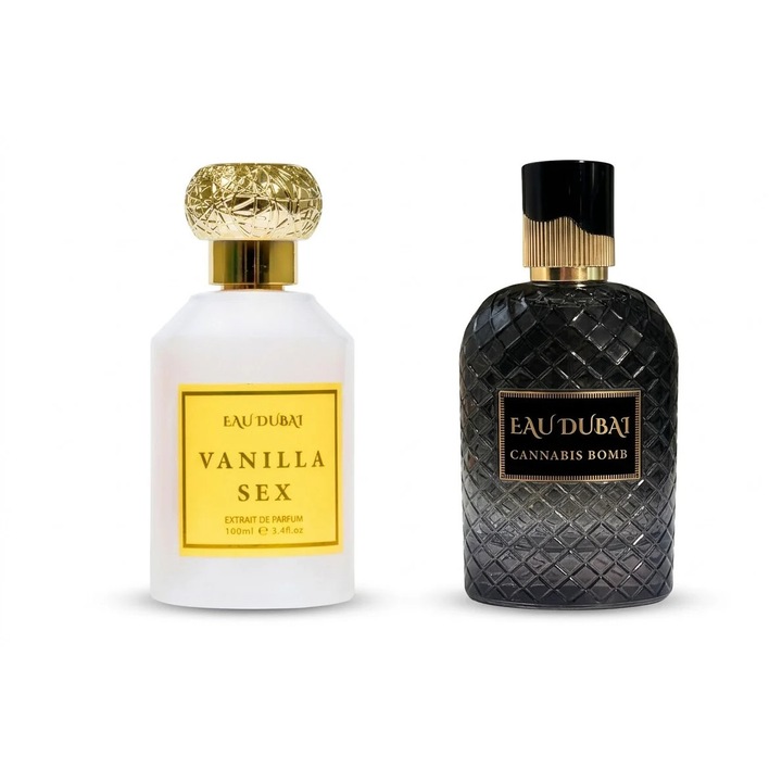 Pachet 2 Extracte de Parfum Premium, Eau Dubai Vanilla Sex + Cannabis Bomb, Unisex, 100 ml x 2, Oriental-Lemnos-Gurmand + Gurmand-Aromatic