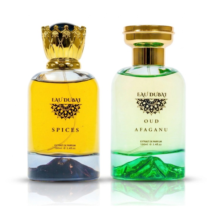 2 prémium parfüm kivonat csomag, Eau Dubai Spices + Eau Dubai Oud Afghano, 100 ml x 2, Unisex, Orientális-Fűszeres + Aromás-Fás-Orientális