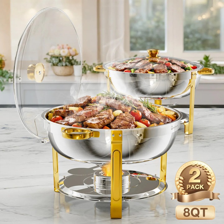 Комплект кръгъл бюфетен съд за поддържане на топлина (chafing dish), 8 QT термосъд, комплект от 2 броя, с тави за храна, съд за вода и поставка за гориво, за кетъринг и сватби
