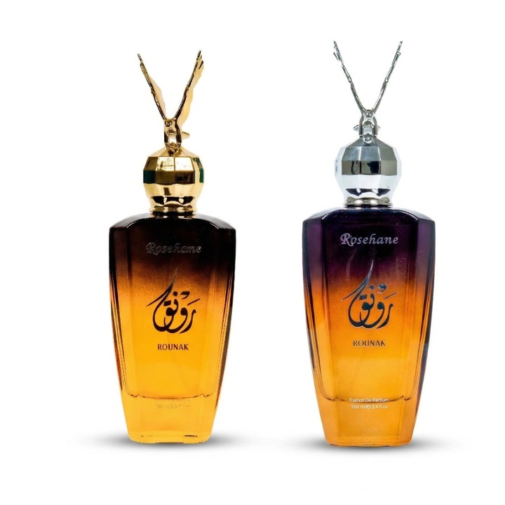 2 db prémium Rosehane parfüm csomag, Rounak Woody Brown + Rounak Gold, 160 ml x 2, Unisex, Aromás-Orientális-Fás + Virágos-Gyümölcsös