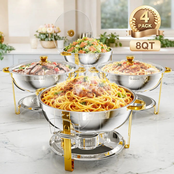 Комплект кръгъл бюфетен съд за подгряване (chafing dish), съд за подгряване 8 qt, комплект от 4 части, тави за храна и съд за вода, поставки за гориво, за кетъринг и сватби