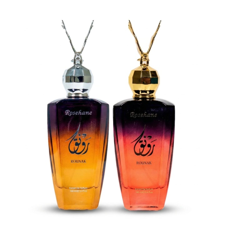 2 prémium Rosehane parfümcsomag, Rounak Woody Brown + Rounak Red, 160 ml x 2, uniszex, aromás-orientális-fás + citrusos-friss-virágos