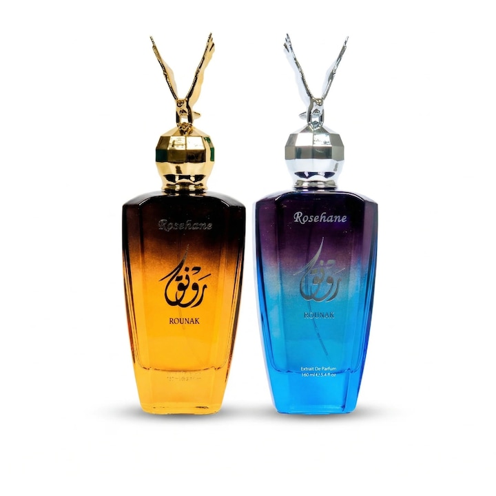Pachet 2 parfumuri Rounak, Dark Blue + Gold, 160 ml x 2, unisex, aromatic-condimentat + floral-frutat