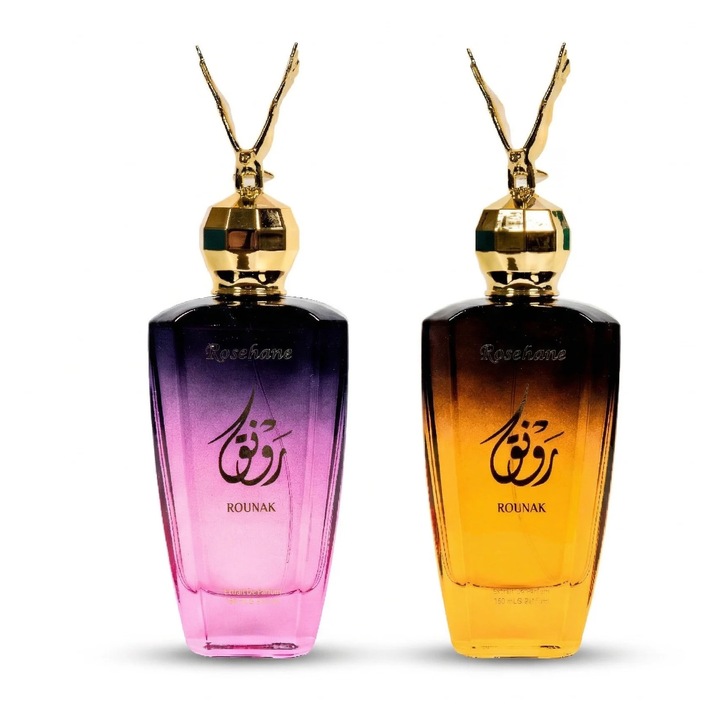 2 db Rosehane prémium parfüm csomag, Rounak Gold + Rounak Pink, virágos-gyümölcsös + friss-fűszeres-púderes, uniszex, 160 ml x 2