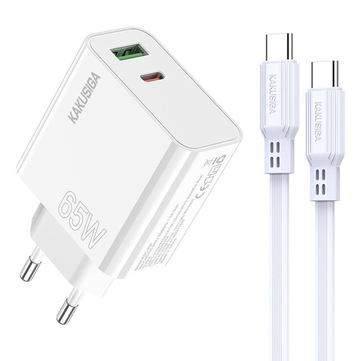 Incarcator retea Kaku KSC-935, Cablu USB-C 1m, PD65W, 1xUSB-C, 1xUSB-A, Alb