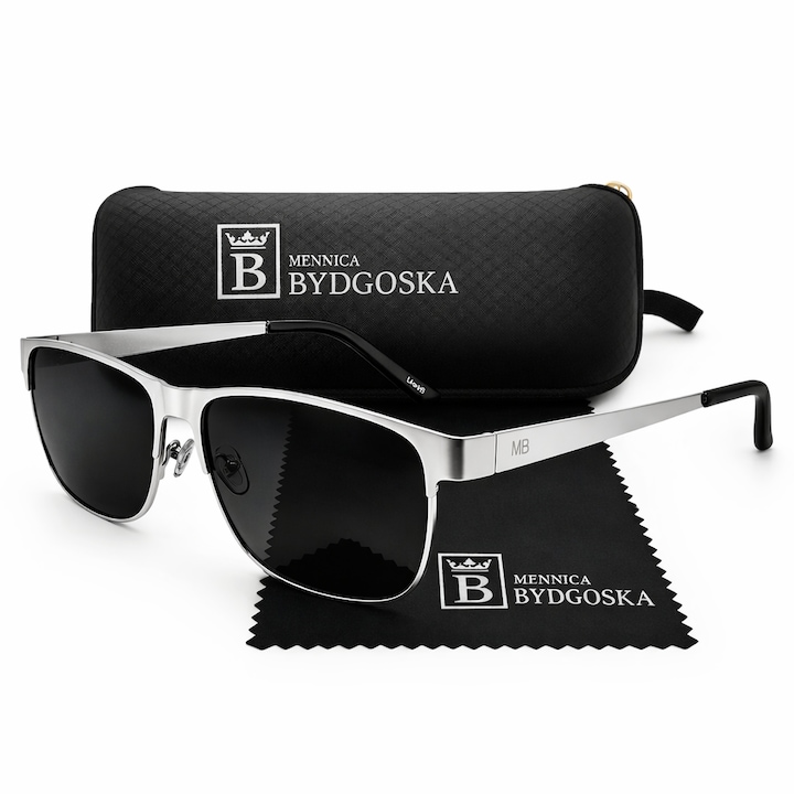 Ochelari de soare barbati, polarizati, pentru soferi, UV400, rama metalica, lentile negre, reduc reflexiile, antireflex, confort la condus, etui inclus