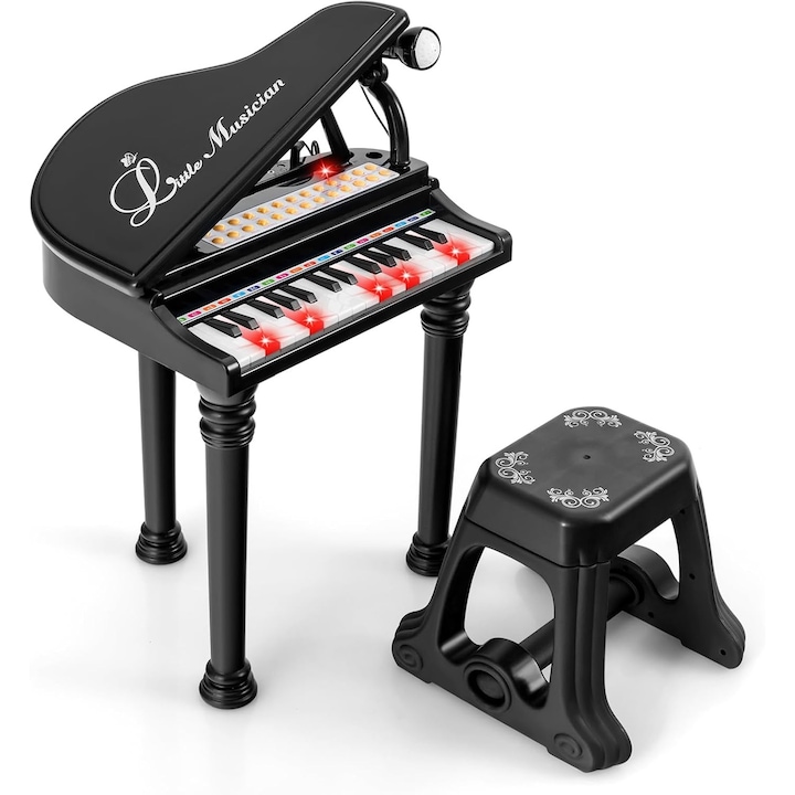 Pian clasic pentru copii cu 31 de clape scaun si microfon, instrument muzical educational portabil cu lumini si sunete, negru