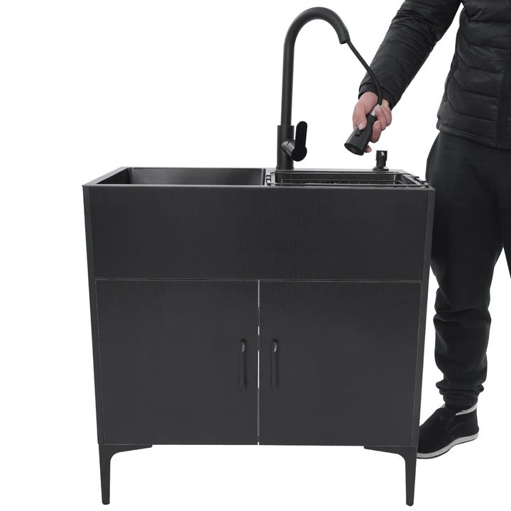 Chiuveta cu dulap, Set complet, Otel inoxidabil, Cuva dubla, Baterie extractibila, Cos de scurgere, Tevi de drenaj, Asamblare, Negru