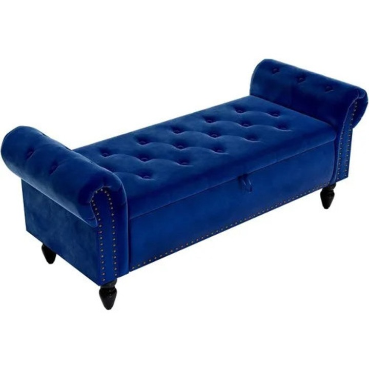 Banca ottoman cu depozitare, Banca pentru capatul patului, 133 cm, Tapitata cu catifea, Depozitare ascunsa, Capitonata cu nasturi, Dormitor & Hol, Albastru