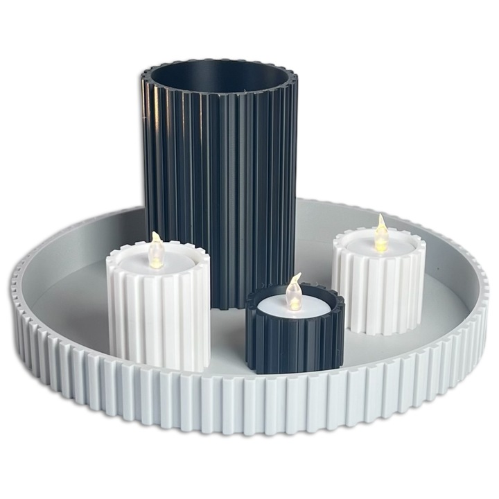 Set decorativ pe tava cu recipient si 3 sfesnice LED, decor modern pentru casa si living