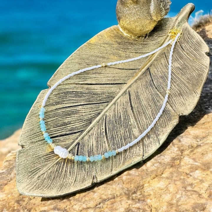 Colier choker elegant Isra din argint placat cu aur, cristale de Amazonit, Perla si Miyuki