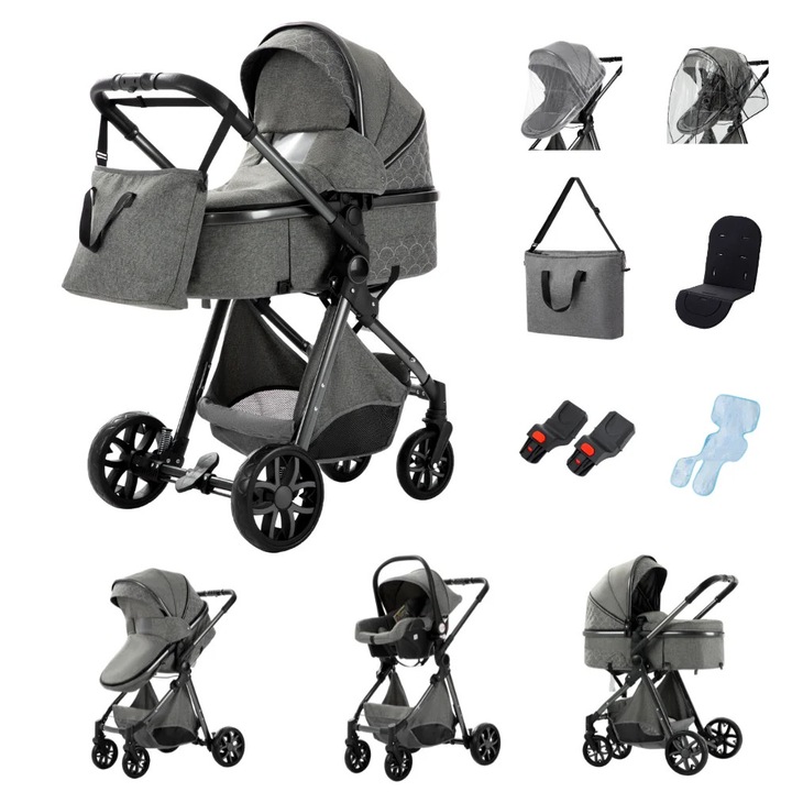 Carucior pentru copii, 3 in 1, configuratie peisaj inalt, gri inchis, pliabil, cu accesorii incluse