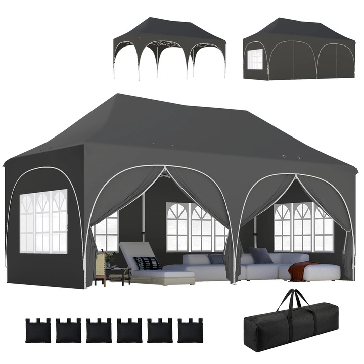 Foisor de gradina, Cort pliabil pop-up 6 x 3 m, 6 pereti laterali detasabili, Ferestre, Inaltime reglabila, Material Oxford, Husa de transport, Gri inchis
