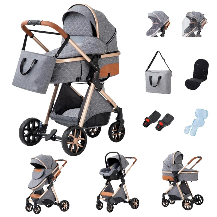 Marsupiu 3 in 1, versiune joasa V9, gri, pentru bebelusi si copii mici, material usor, suporta greutati peste 20 kg