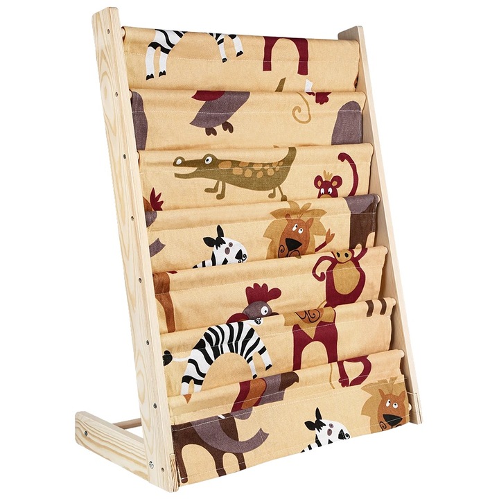 Biblioteca din lemn natural si panza, design minimalist, 6 etaje, culoare lemn natural