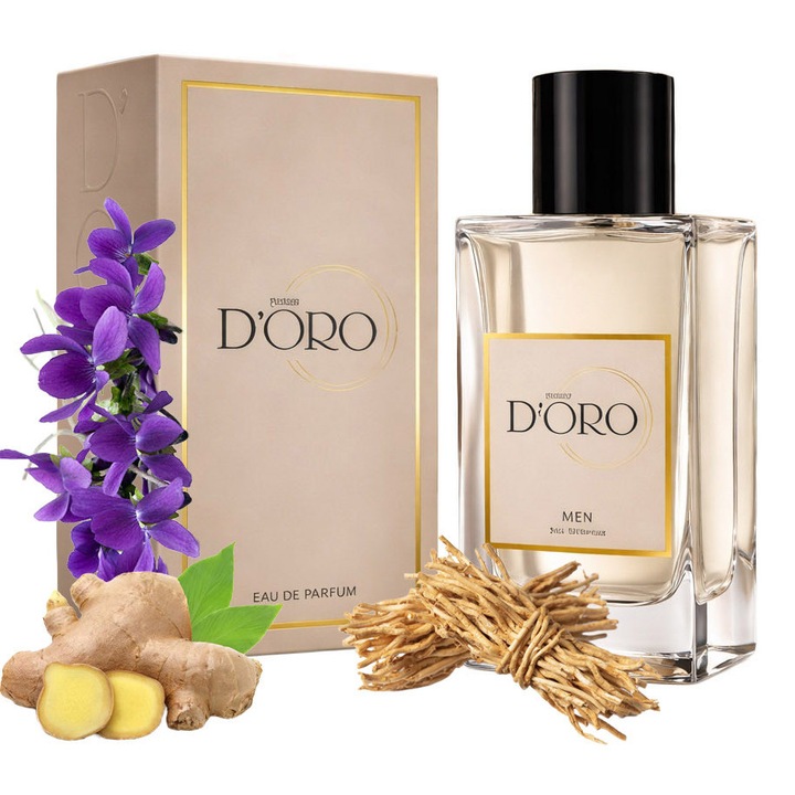 D'oro M123 Essence férfi Eau de Parfum, vetiverrel, gyömbérrel és ibolyával, aromás-fás, kifinomult, friss, sokoldalú és kiegyensúlyozott illat, 100ml