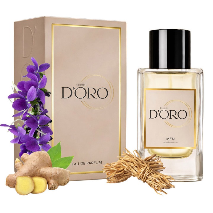 D'oro M123 Essence férfi Eau de Parfum, vetiverrel, gyömbérrel és ibolyával, aromás-fás, kifinomult, friss, sokoldalú és kiegyensúlyozott illat, 50ml