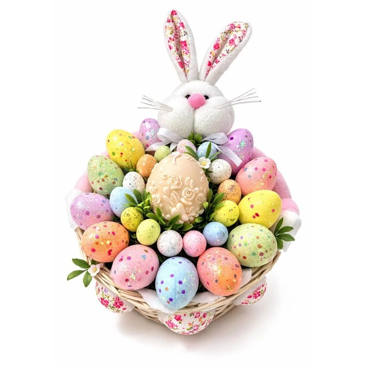 Aranjament de Paște, cosulet din rachita, lumânare din ceară de soia, ouă decorative pictate, 20x18cm