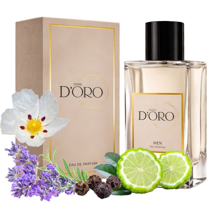 Apa de Parfum pentru barbati D'oro M130 Sovaj, cu bergamota, lavanda, piper Sichuan si labdanum, aromatic-lemnos, miros magnetic, proaspat si citric, 100ml