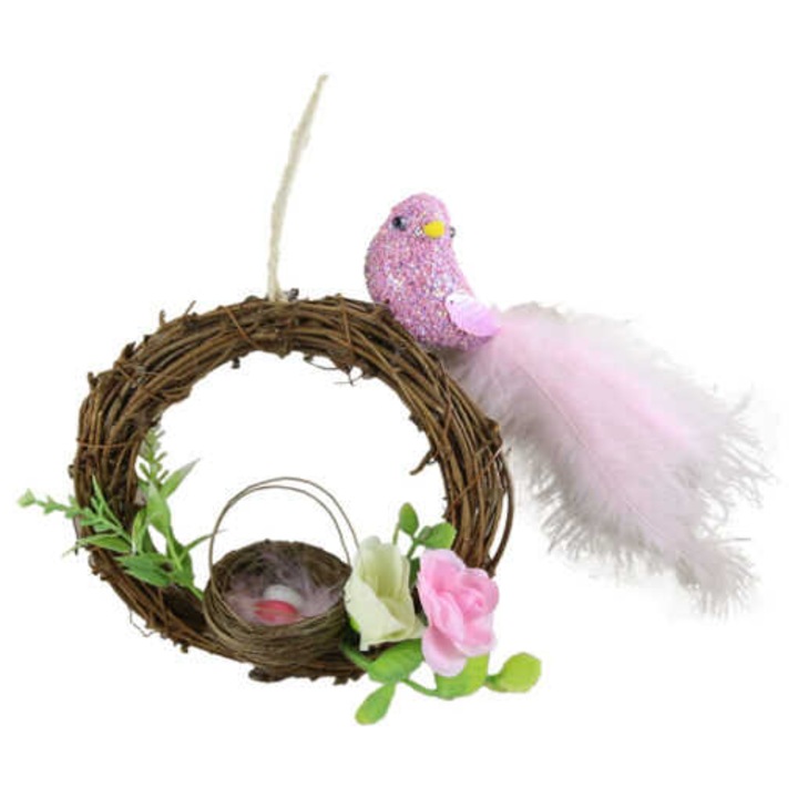 Coroniță decorativă de Paști, 15 cm, cu puișori galbeni, multicolor