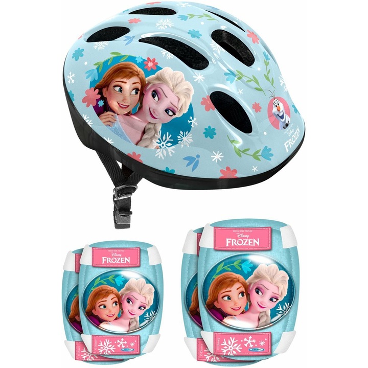 Set casca protectie, genunchiere si cotiere, Stamp, Frozen, Sigure si confortabile, Reglabile, Conform cu EN1078, Marime 50/56 cm, 3 ani+, Roz/Albastru