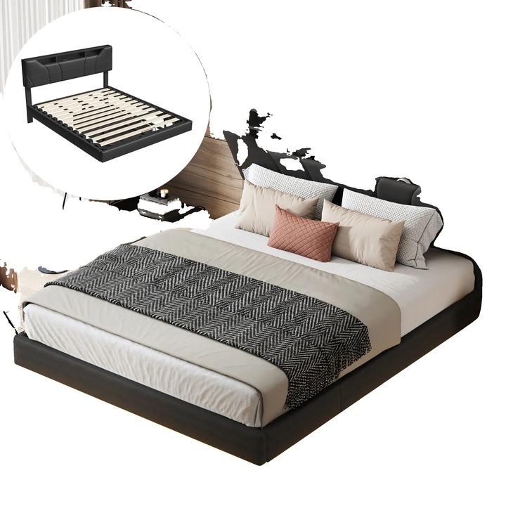 Pat suspendat cu LED, incarcare USB, 140x200cm, negru, cu spatiu de depozitare integrat