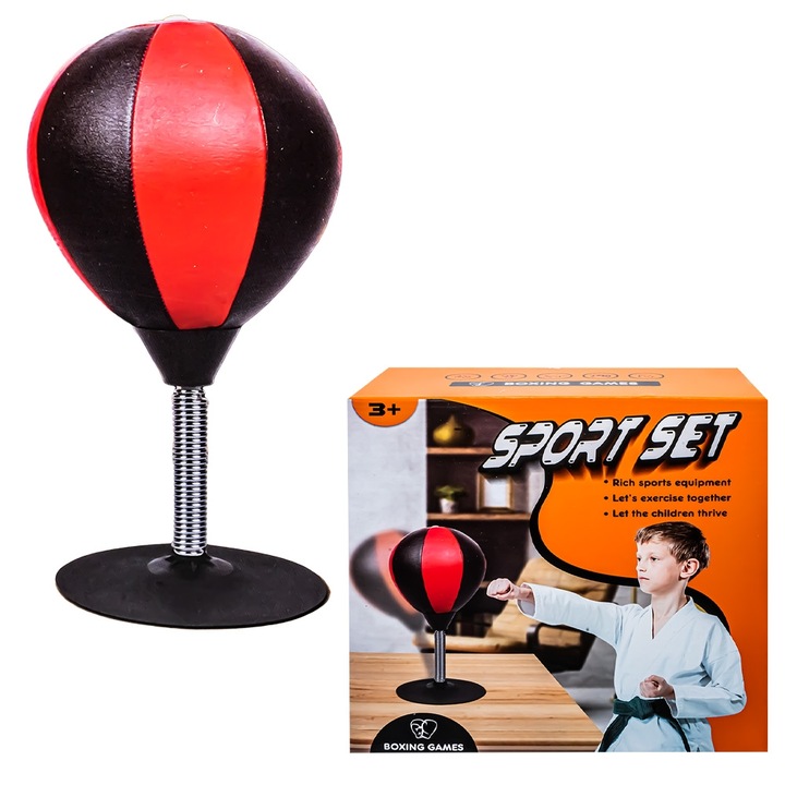 Sac de Box de Masa pentru Copii, Sport Set, cu Ventuza si Arc Metalic, Negru/Rosu