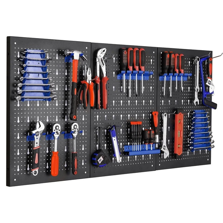 Suport pentru scule montat pe perete, Panou perforat pentru unelte (pegboard), Fonta, 120x60 cm, Cu carlige, Albastru