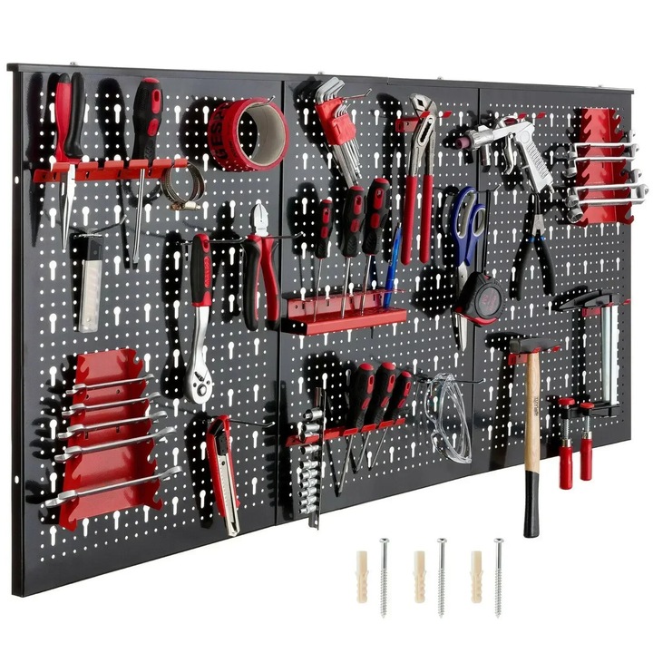Panou Perforat Metalic Pegboard, Suport Perete Pentru Scule 120x60 cm, Set 17 Carlige, Organizator Panou, Cutii Depozitare Garaj, Negru/Rosu