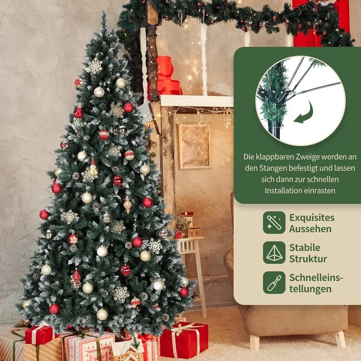 Műfenyő, Nordmann fenyő, 150 cm, hófúvott hatás tobozokkal, PVC/PE, kézzel készített fa állvány, zöld